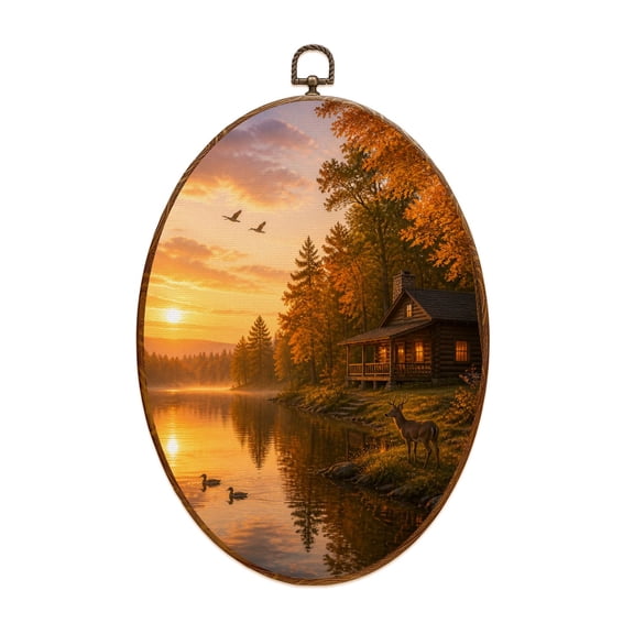 Canvas Wall Art Animal Deer Vintage Wildlife Rustic Duck Cabin Sunset Lake Realistic Oval Framed Canvas Prints Vintage Wall Hanging Decor for Home Decorations 8.6"x11.4"