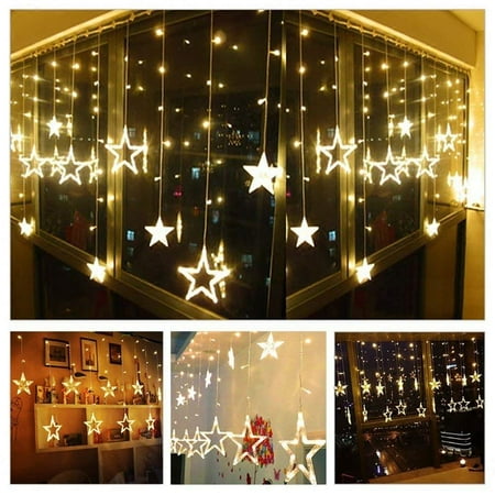 Starlight Curtain Twinkle 12 Stars 138 LED Curtain String Lights, Window Curtain Lights with 8 Flashing Modes Decoration for Christmas, Wedding, Party, Home, Patio Lawn, Warm White ()