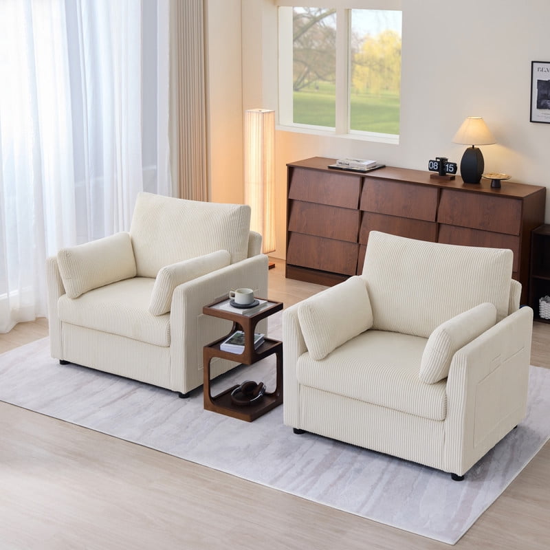 37.75"W Oversized Single Sofa, Corduroy Accent Reading Chair w/ Storage Pockets, Modern Upholstered Armchair w/ 2 Pillows