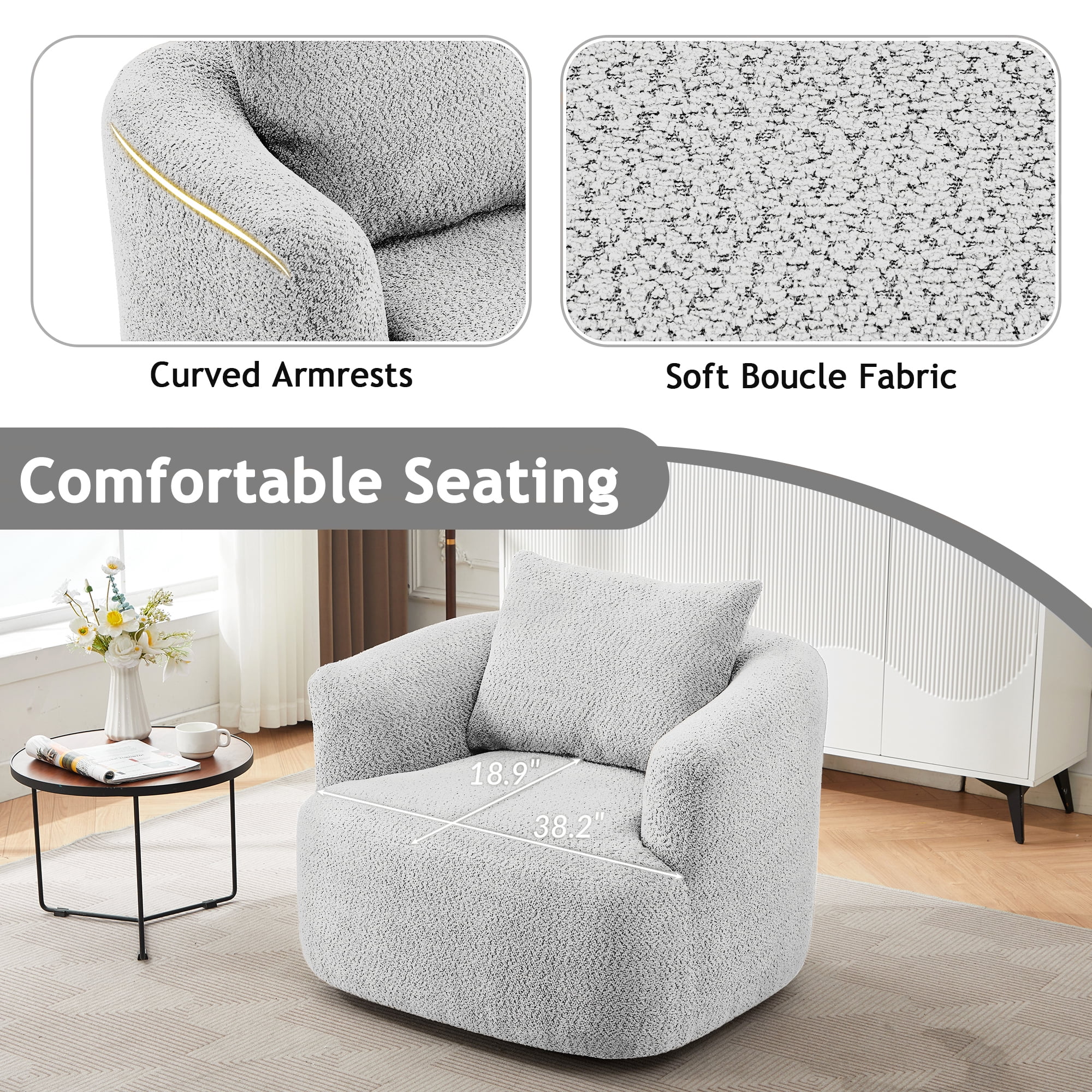 Euroco 360° Swivel Chair, 38.2" Accent Chair Sofa, Upholstered Swivel Barrel Sofa Chair with a Throw Pillow for Living Room, Bedroom, Office and Hotel, Light Grey