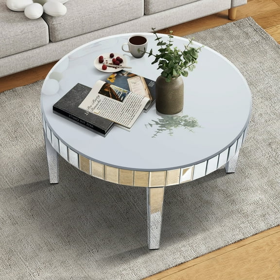 Sliver Round Coffee Table with Starburst Mirror Mosaic Design, Glass Top for Living Room, Luxury Sofa Center Table, Modern Home Decor (31.5" W * 31.5" D * 18"H) (Silver)