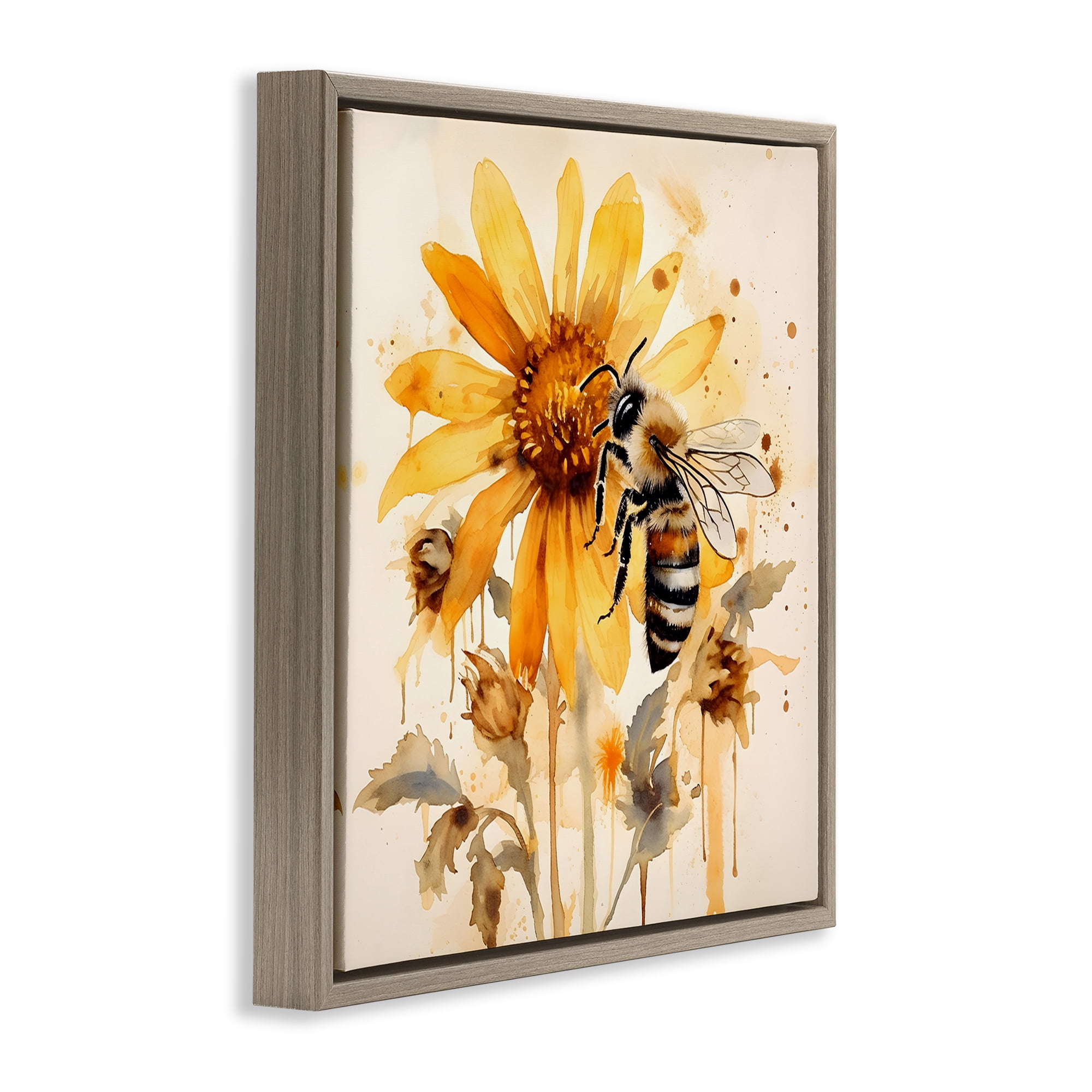 Stupell Industries Busy Bee with Flower Animals & Insects Painting Brown Floater Framed Canvas Art Print Wall Art, 18 x 18