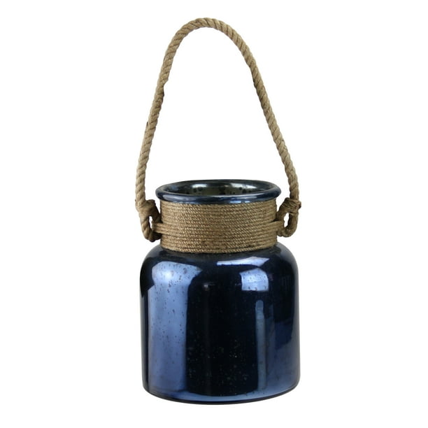 Kaemingk 9.5" Lanterne d'Ouragan en Verre de Mercure Bleu avec Poignée de Corde