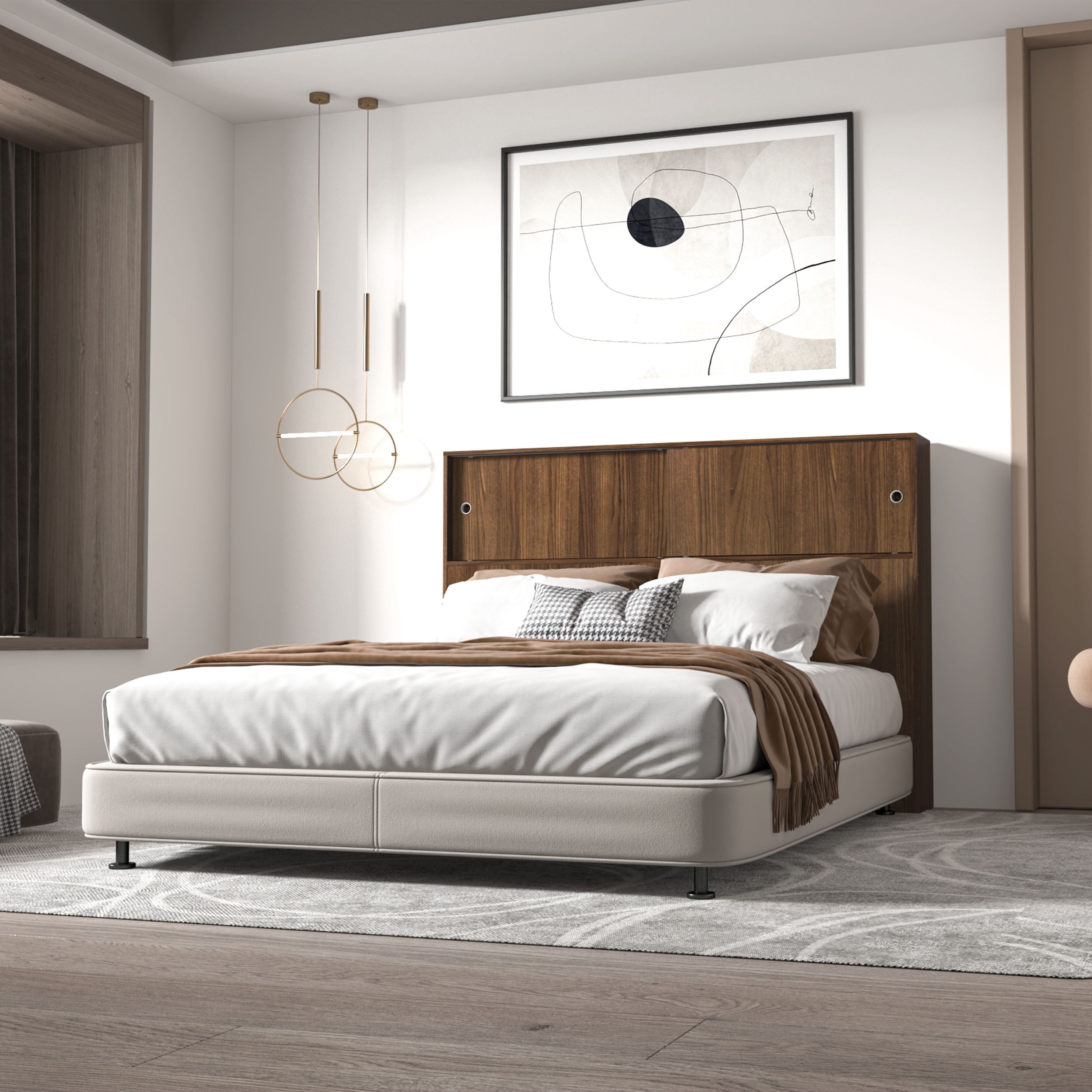 Polifurniture Victoria Queen Size Wood Storage Headboard, Walnut