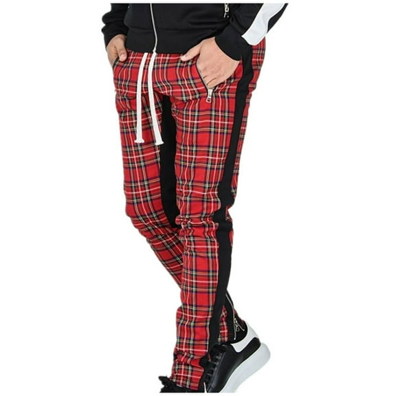 Miluxas Men's Plaid Color Matching Feet Pants Drawstring Zipper Pocket Slim Trousers Mid-Waist Elastic Slacks Red