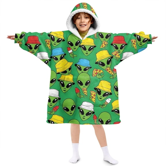 Alien and Pizza Bright Green Pattern Lamb Fleece Blanket Hoodies for Teens ,Teens Oversize Sherpa Wearable Hooded Blanket Sweatshirt with Super Pockets