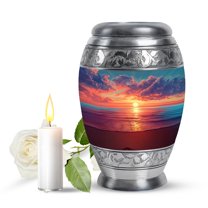 JAGASY Beach Handmade Urn for Ashes Adult Female, Blue Keepsake Small Urns for Human Ashes, Ocean Sunset Orange Clouds Decorative Urns for Parents, Yellow Memorial Urn for Father, (3 Inch)