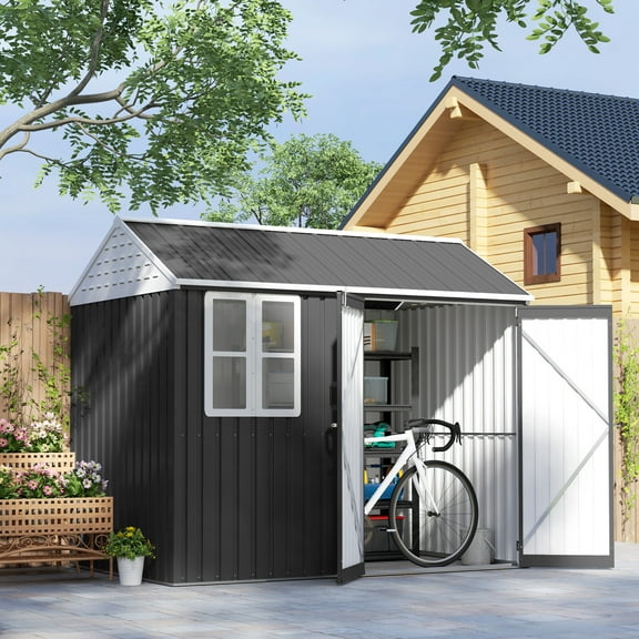 Outsunny 8' x 6' Outdoor Storage Shed, Extra Large Metal Garden Shed with Lockable Doors, Cottage Style 4-Pane Window & Vents, Dark Gray