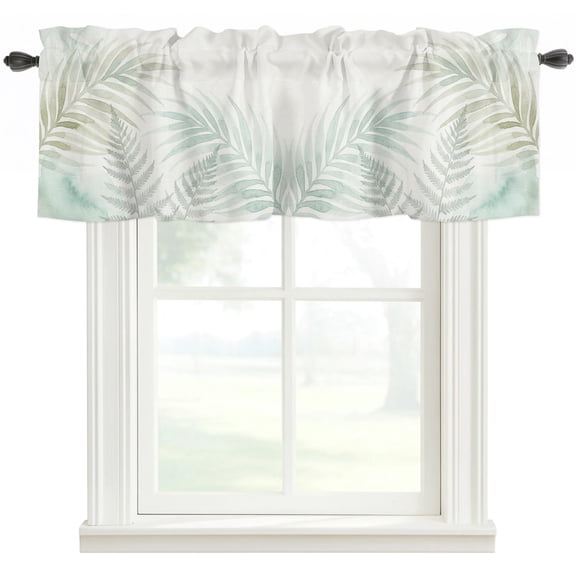 Summer Botanical Rod Pocket Curtain Valance, Green Tropical Palm Leaves Watercolor Farmhouse Window Valance for Living Room, Bedroom, Kitchen 42"W x 18"L
