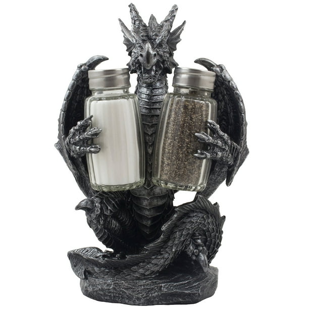 Decorative Guardian Dragon Glass Salt and Pepper Shaker Set with Figurine Holder for Mythical