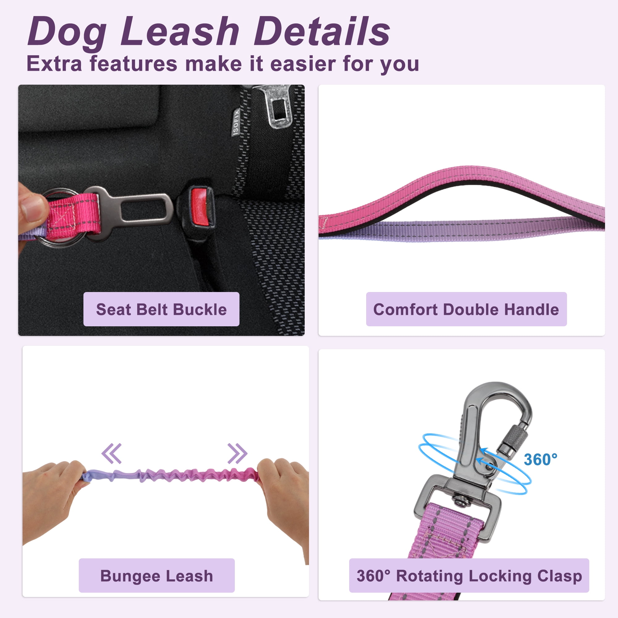 Unique Bargains Hands Free Dog Leash No Pull Bungee Dog Leash for One Large Dog Up to 440 Ib W/ Car Seatbelt Rose Red