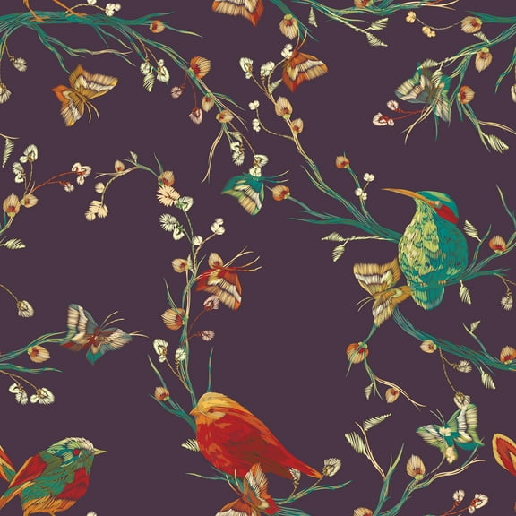 MuralsPrint Mauve Vintage Floral with Birds Removable Wallpaper - 10'ft H x 24''inch W