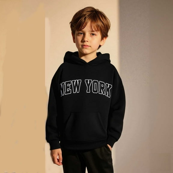 Hoodies Kids City Name Letter Print Black Hooded Casual Long Sleeve Hoodie Sweatershirt Pullover Winter Clothes Boys 5-6 Years Clothes