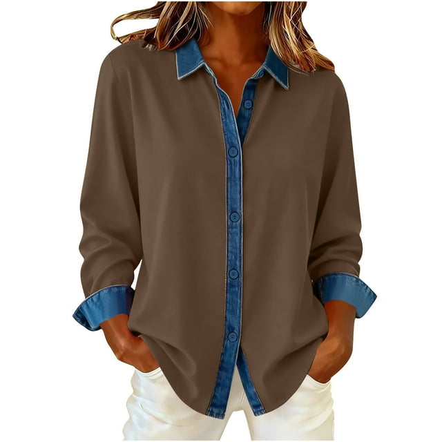 HongQid Chemises pour Femmes en Denim Patchwork à Boutons, Surchemise à Col à Revers, Printemps Automne, Manches Longues, Hauts Unis