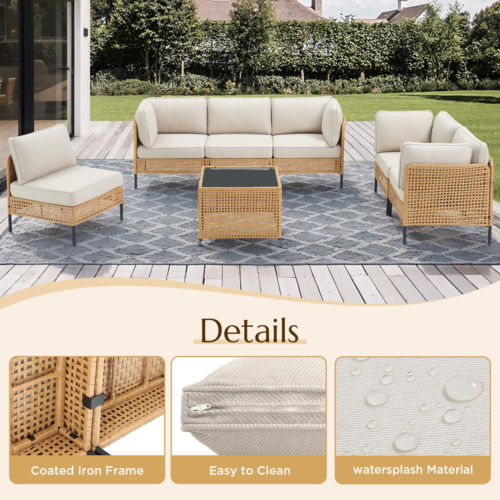 Feishominoo 7 Piece Patio Sectional Furniture Sets, All Weather Wicker Outdoor Conversation Sets with Coffee Table and Beige Cushions, for Balcony, Porch, Backyard