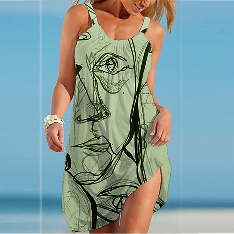 Bigersell Tank Dress Pajamas for Women Casual Round Neck Sleeveless Bandage  Stripe Printed Loose Tank Sling Dress Women Boho Dress Style 2615, Female  Regular Dresses Green M 
