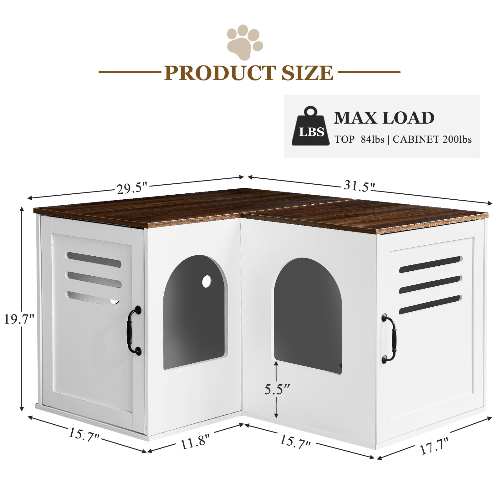 JanflyHome Litter Box Enclosure Furniture, Farmhouse Corner Cat Litter Box Enclosure for 2 Cats with 2 Silicone Food Bowls, White