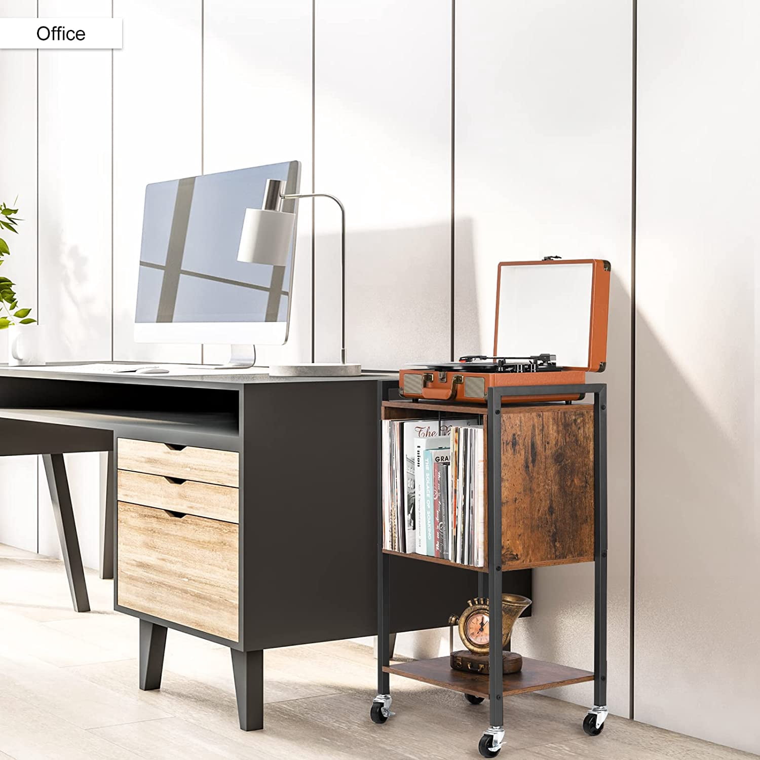 Record Player Stand End Table with Vinyl Record Storage Holder, Brown