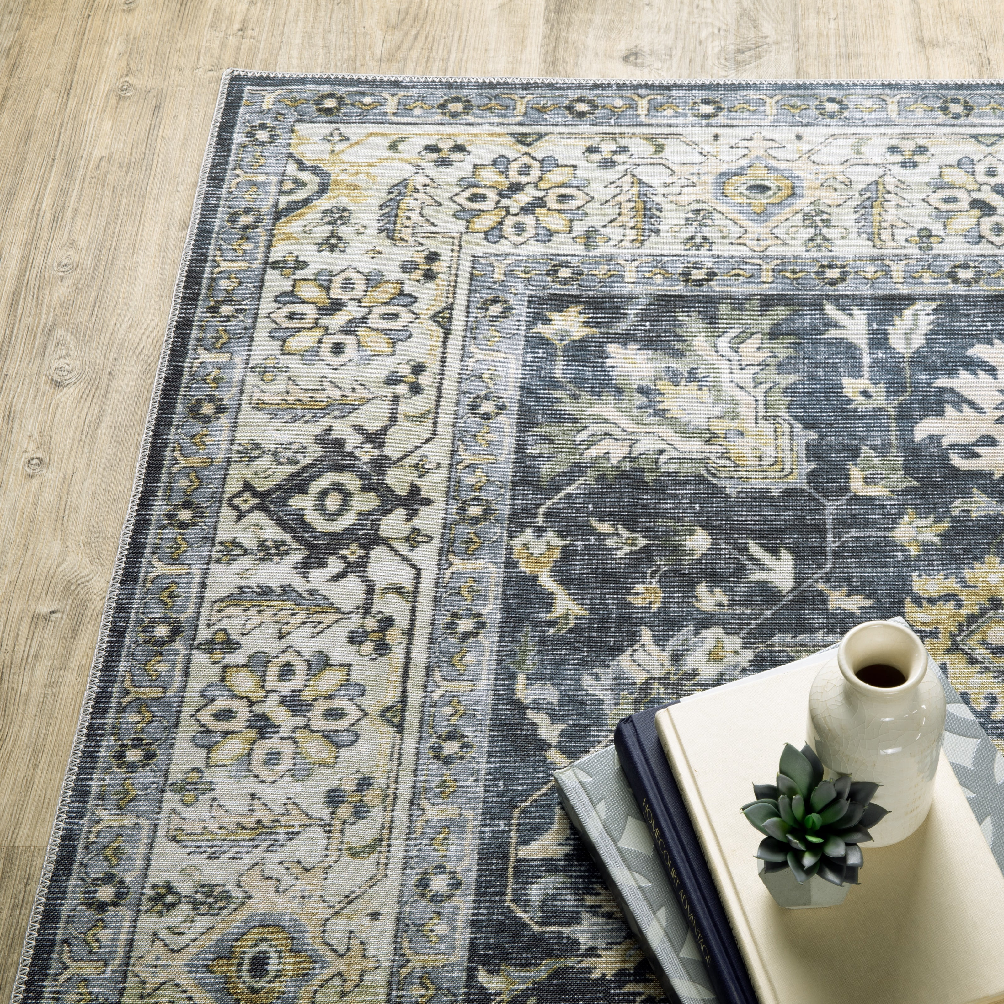 Avalon Home Celeste Washable Vintage Oriental Charcoal/ Gold Indoor Area Rug