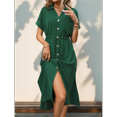 thumbnail image 5 of Women'S Solid Color Dress Summer Casual Short Sleeve Button V Neck Dresses Long Beach Shirt Dress with Pockets Ink Green L, 5 of 7