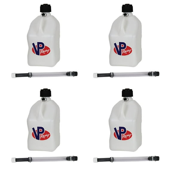 VP Racing 3522-CA 5.5-Gallon Square Motorsport Jug, White w/14 Inch Deluxe Filter Hose Close -Trimmed Cap and Neck for Tight Seal (4 Pack)