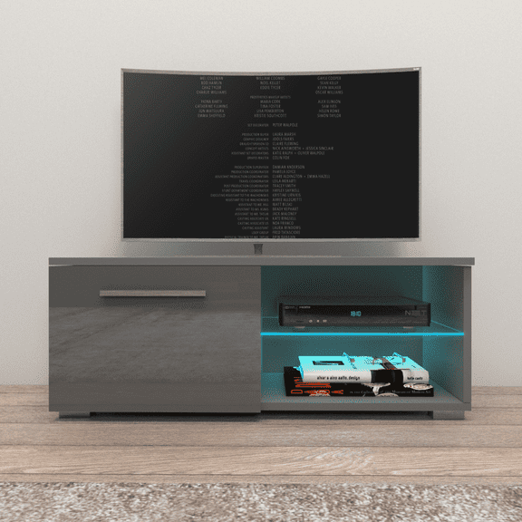 Moon TV Stand for TVs up to 45", Modern High Gloss 41" Entertainment Center, TV Media Console with Storage Cabinets and LED Lights