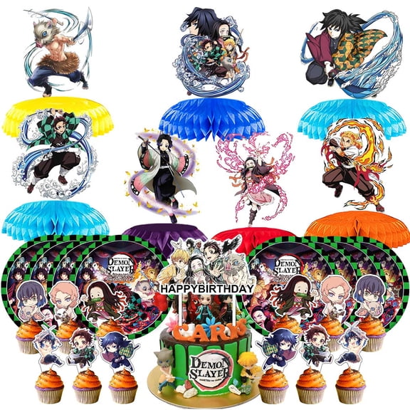 Demon Slayer Party Supplies Decor Plates Fans Decorations Honeycomb Centerpieces Cake Toppers