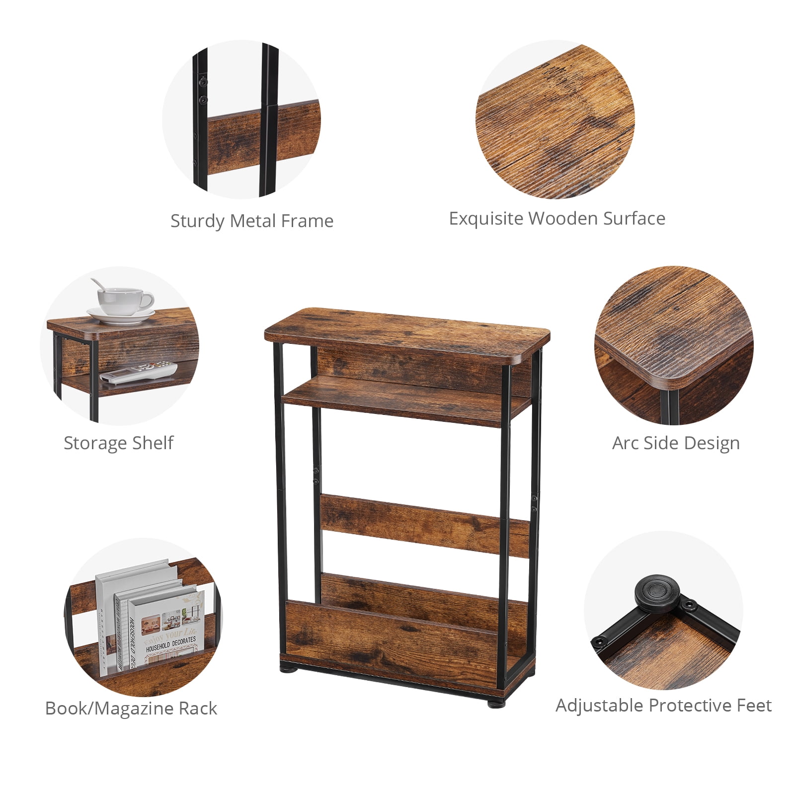 End Table for Narrow Space, 3 Tier Narrow Side Tables Modern Sofa Table with Storage Shelf, Bedside Table Slim Nightstand with Magazine Rack Living Room Home Office,Brown