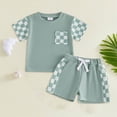 thumbnail image 2 of Toddler Baby Boy Summer Outfit Checkerboard Patchwork T Shirt Elastic Waist Shorts Newborn Infant Waffle Clothes Set, 2 of 4