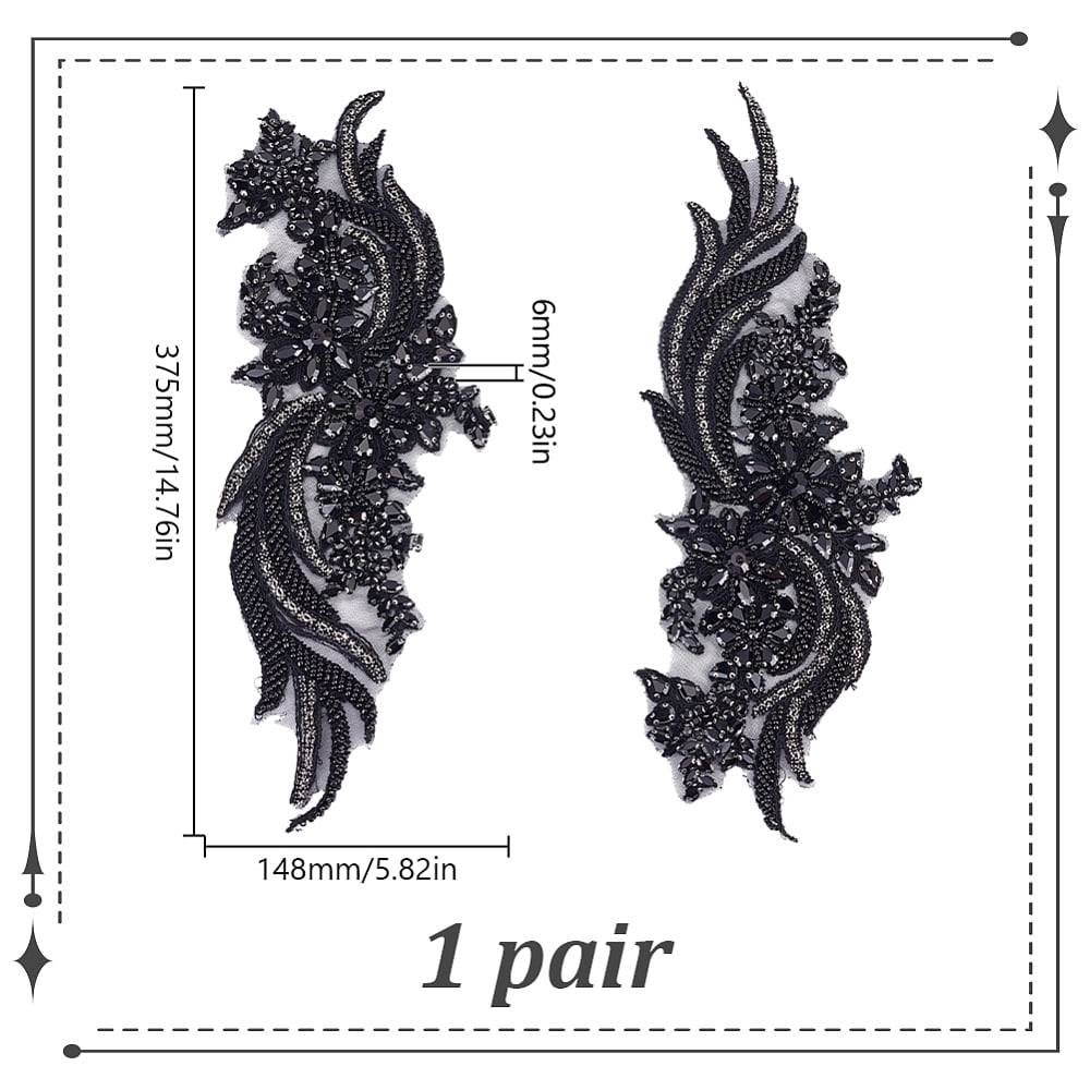 2Pcs Polyester Handicraft Flower Beading Felt Appliques with Glass Rhinestone Costume Accessories Sewing Craft Decoration Black 375x148x6mm
