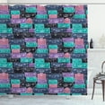 thumbnail image 1 of Travel Shower Curtain, Holiday Theme Colorful Hand Drawn Luggages Pattern, Fabric Bathroom Set with Hooks, 69W X 75L Inches Long, Dark Seafoam Blue Violet and Pale Fuchsia, by Ambesonne, 1 of 3