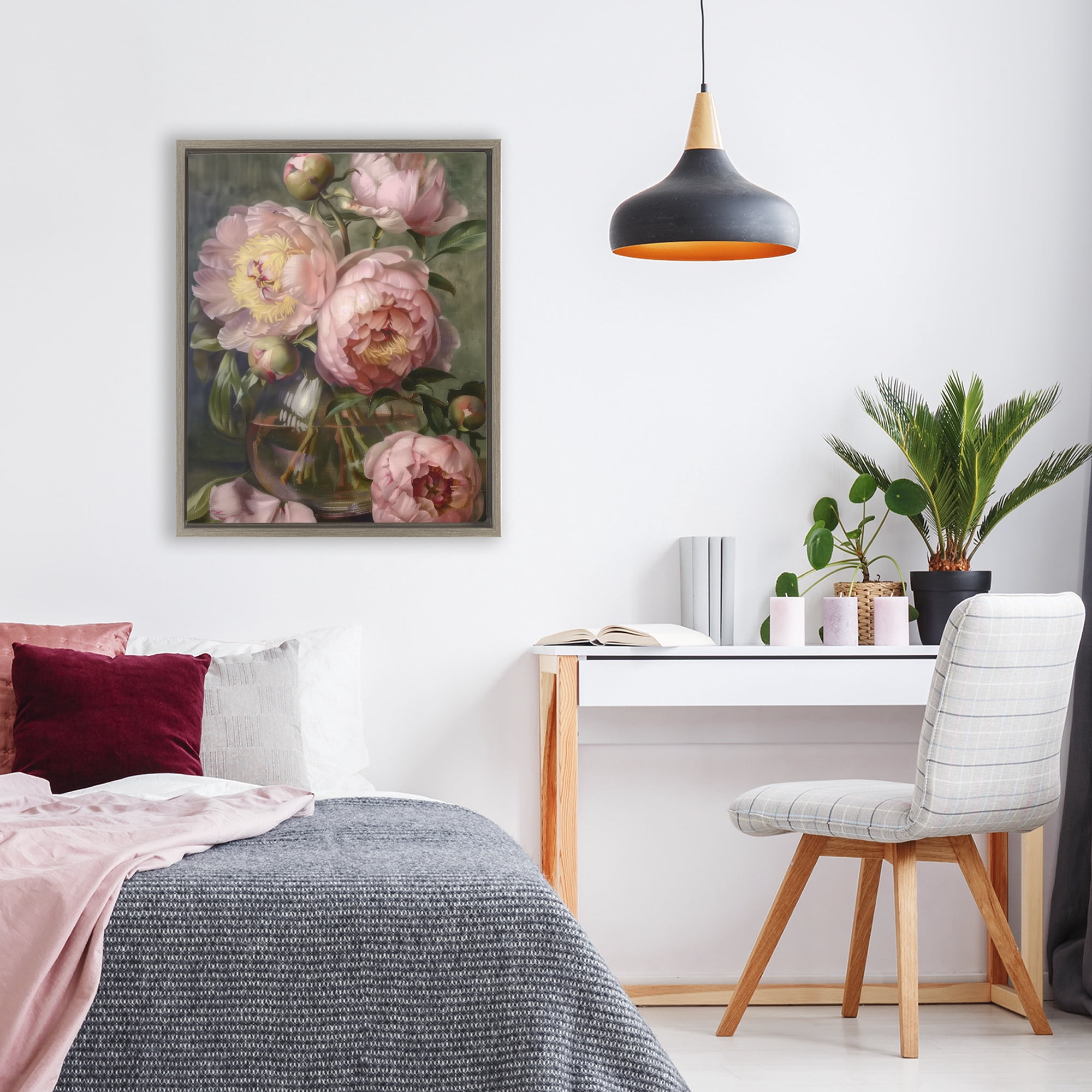 Stupell Industries Pink Peonies in Glass Vase Brown Framed Floater Canvas Wall Art, design by LSR Design Studio