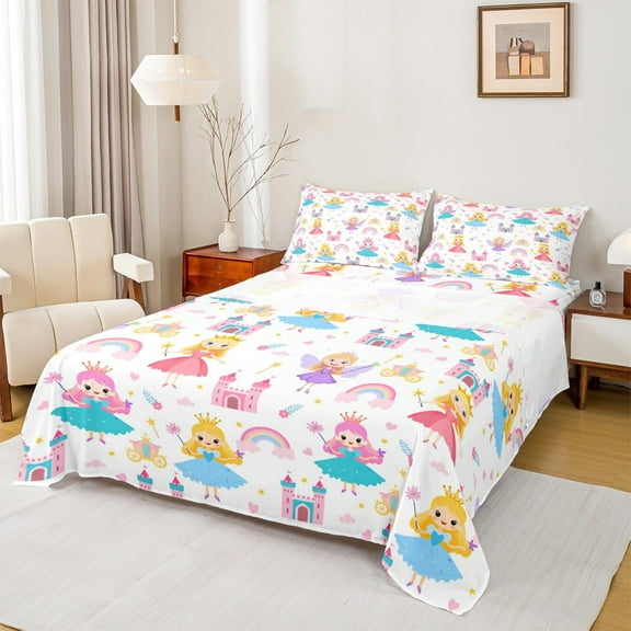 Erosebridal Kawaii Girls Bed Sheets Set Twin Size,Rainbow Castle Carriage Bedding Sets Twin Size,White Fairy Tale Bed Sheets Twin,Breathable Room Decoration,3-Piece