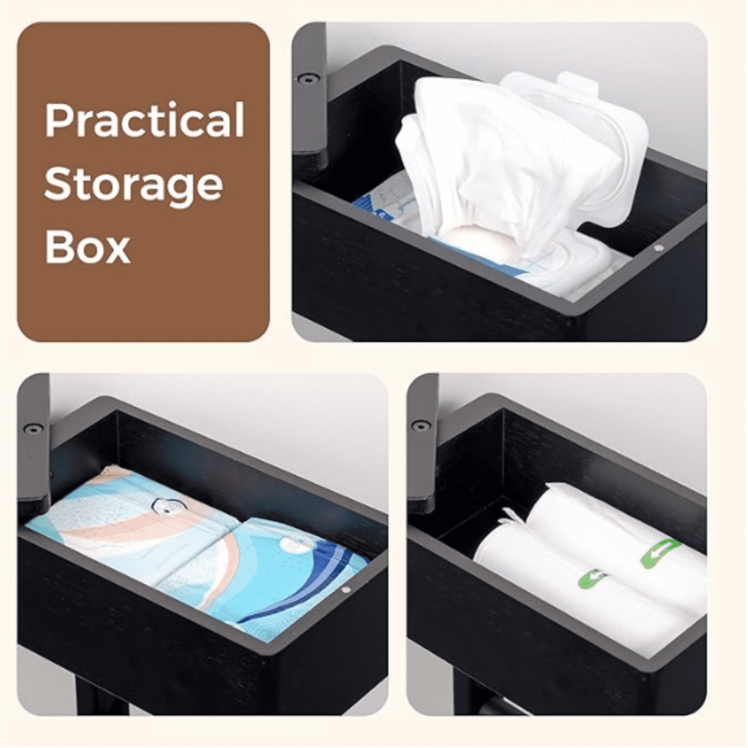4-in-1 Black Toilet Paper Holder Stand with Storage Shelf Box, 360° Rotating Bamboo Free Standing Toilet Tissue Roll, Toilet Wipes Dispenser Organizer, Temporary Desktop for Bathroom (Patent)