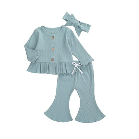 

Lieserram Baby Girl Fall Spring Clothes Sets 3 6 9 12 18 24 Months Sweatshirt Long Sleeve Ruffle Hem Button Top + Flare Pants + Headband