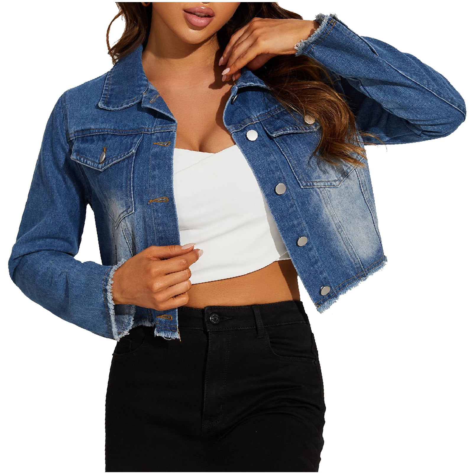 Meichang Crop Jean Jacket for Women Lapel Long Sleeve Washed
