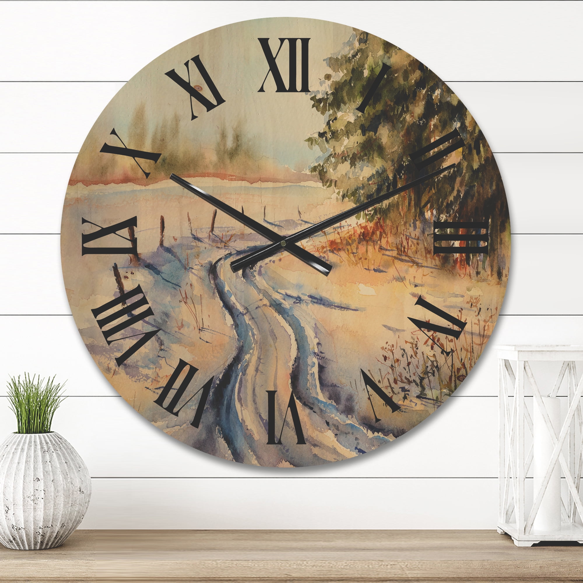 Designart 'Snowy Winter Forest Landscape Rural Road In Snow' Traditional Wood Wall Clock