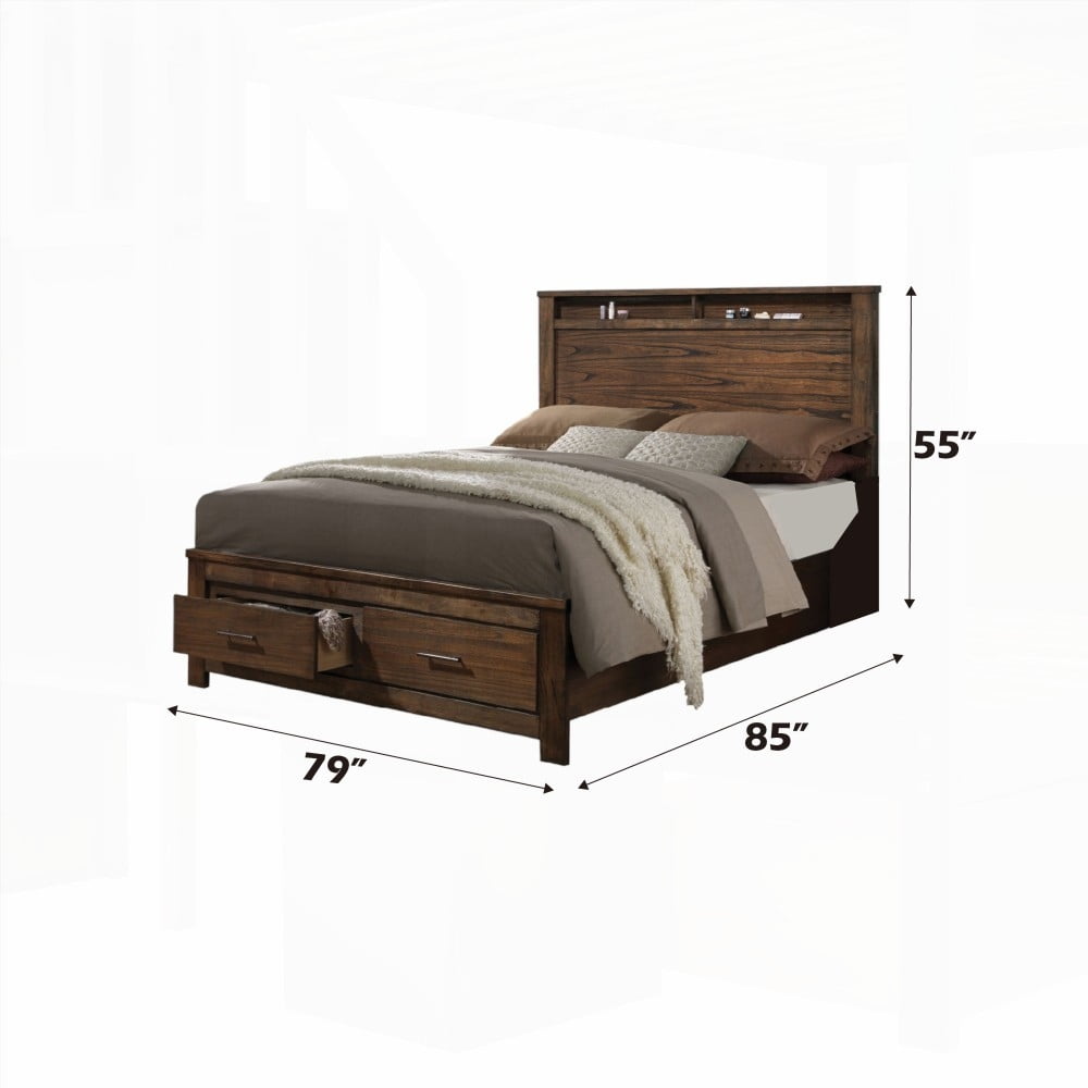 Queen Size Oak Storage Bed with 13 Slats & 2 Drawers, No Box Spring Needed, Brown for Bedroom