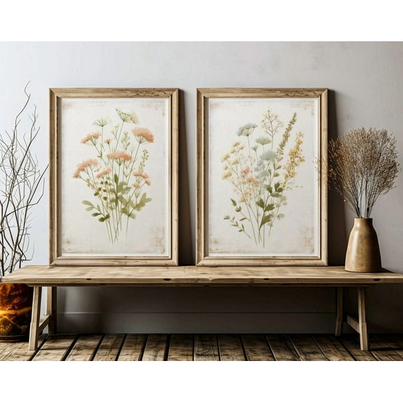 Luvia Wildflower Art Rustic Floral Decor, Vintage Floral Minimalist Flower Set Of 2, Wildflower, Modern Wall Decor Set 2 Prints 8x12 UNFRAMED