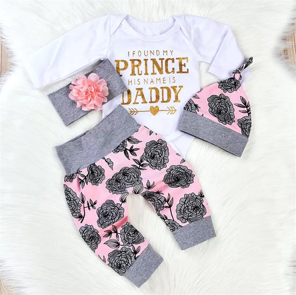 Hat+Headband 4 Pcs Newborn Baby Girls Clothes Miracles Letter Romper Outfit Pants Set