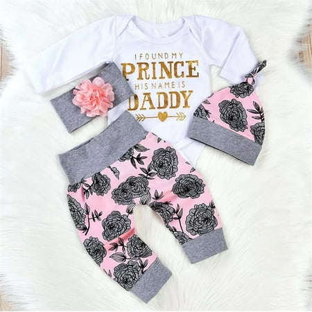 

Infant Toddler Baby Girls Unicorn Outfits Romper Bodysuit Tops + Long Pants + Hat + Headband 4Pcs Clothes Set