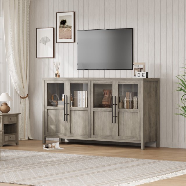 55 Inch Large Self-Service Cabinet With 4 Glass Doors And Storage Side Panel Self-Service Cabinet For Kitchen, Dining Room Living Room Modern Storage Cabinet Desk