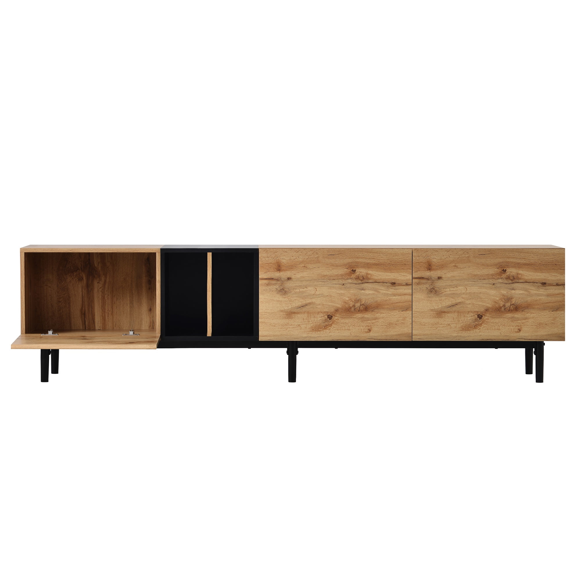 PORKISS TV Stand for 80 Inch TV, Entertainment Center with Storage Shelves, Media Console with Metal Legs for Living Room, Natural Wood