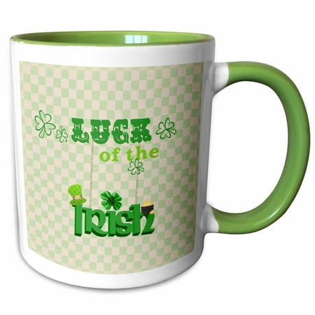 Patricks Pot - 3dRose St. Patrick Day, Luck of the Irish Words, Chain, Hat and Pot of Gold - Two Tone Green Mug, 11-ounce