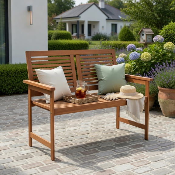 Spaco Outdoor Wooden Bench 2-Person Patio Bench, Bench with Slatted Backrest and Seat for Patio, Garden, Backyard, Natural