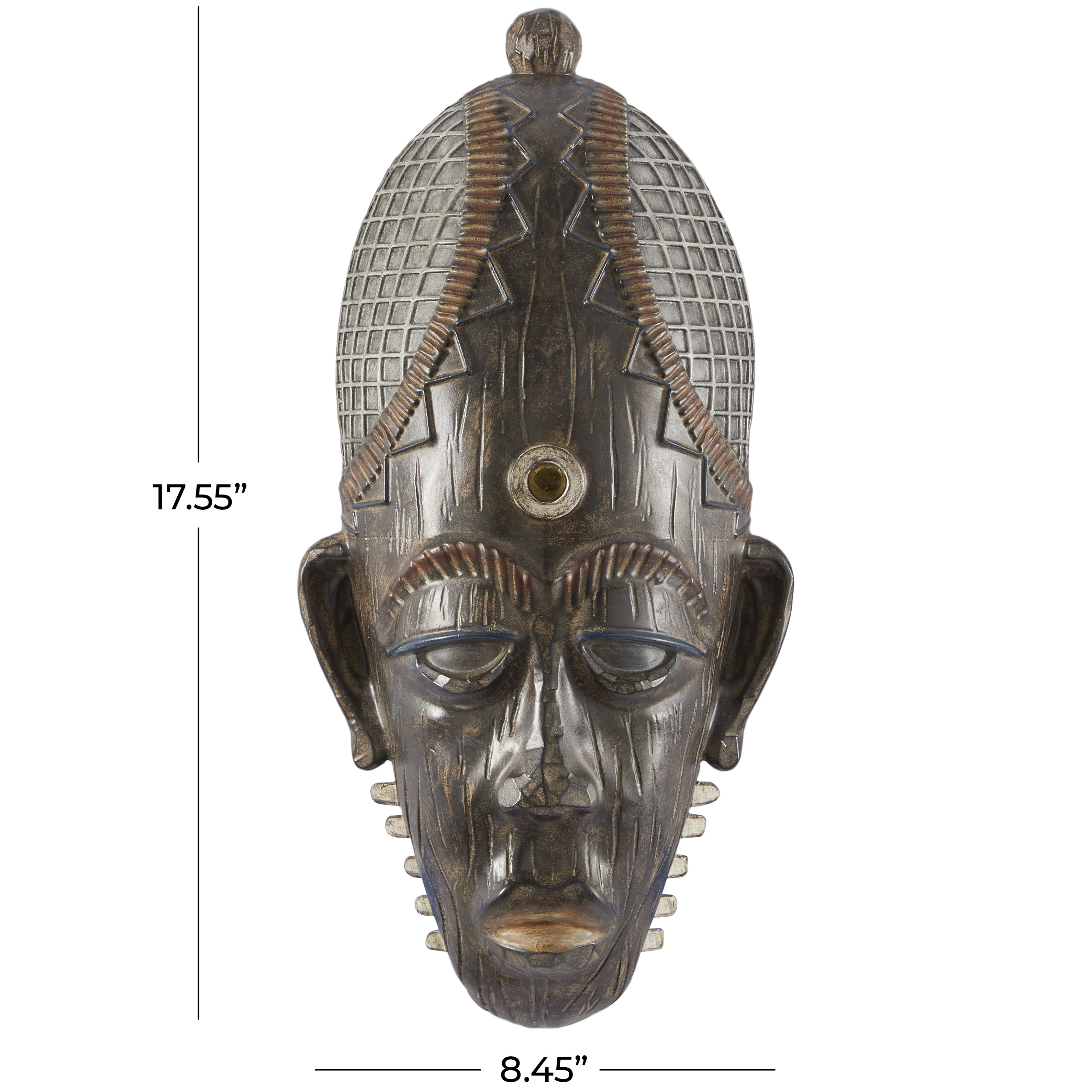 DecMode Brown Polystone Mask African Tribal Home Wall Decor with Rust and Navy Carvings, 8" x 4" x 18"
