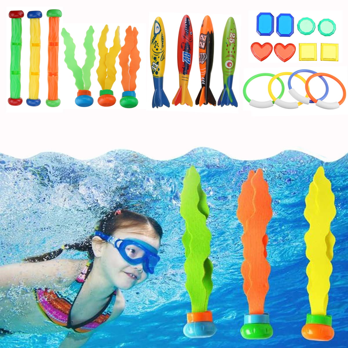 7 pc Swimming Pool Diving Toy Combo with Swim Goggles Dive  Sand N Sun 