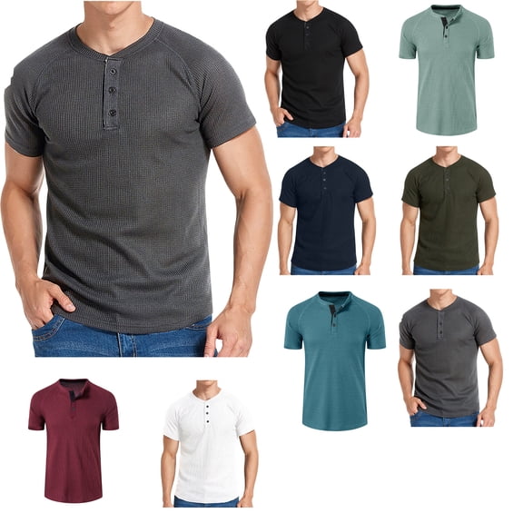 Lzobxe T Shirts for Man Casual Short Sleeve Henley Classic Fit Buttoned Placket Soft Waffle Knit,Size S-2XL