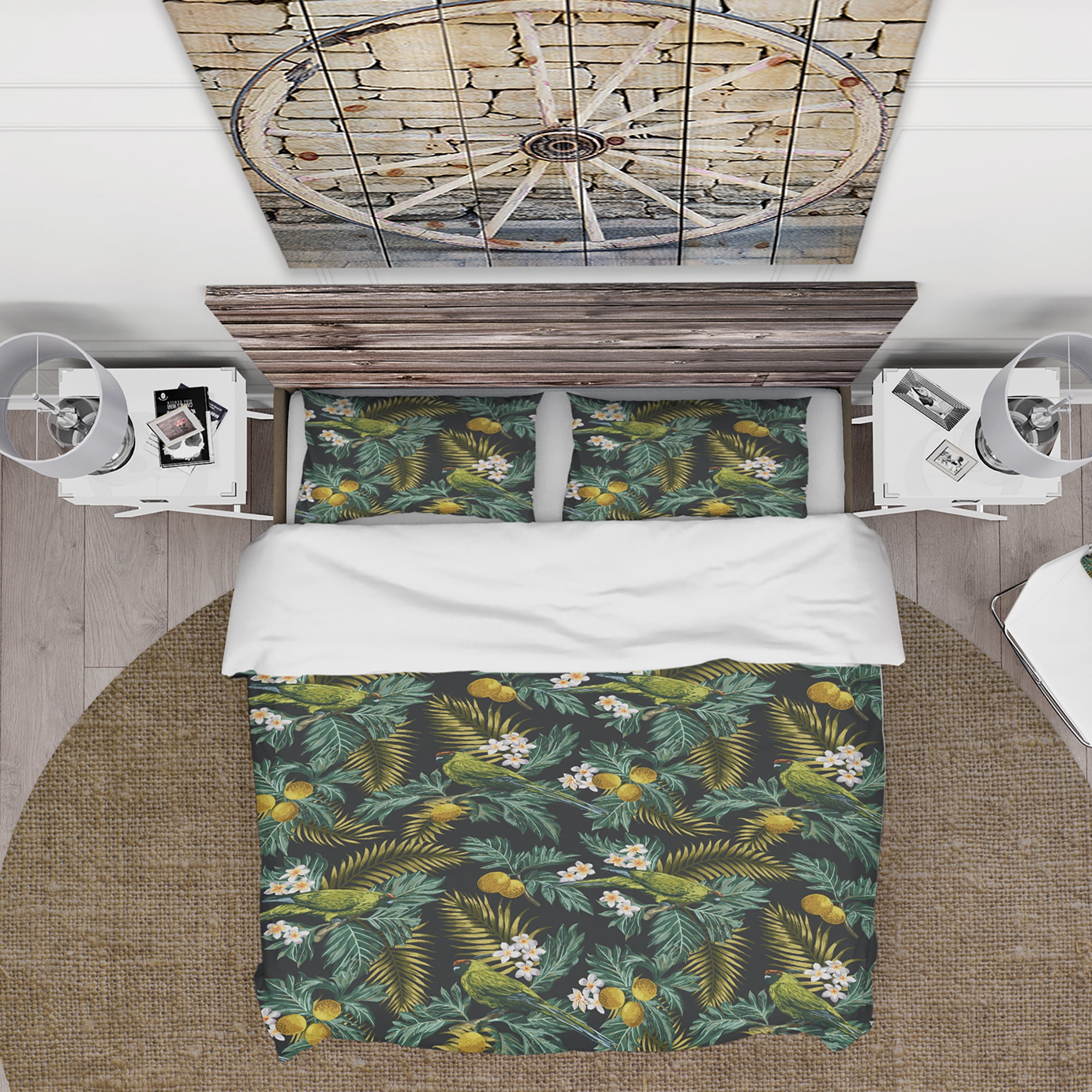 Designart 'Tropical Leaves with Lemons and Green Bird' Animals Duvet Cover Set