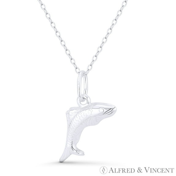 Salmon Fish Sealife Charm Hollow 3D 25x11mm (1x0.4in) Pendant & Chain Necklace in .925 Sterling Silver